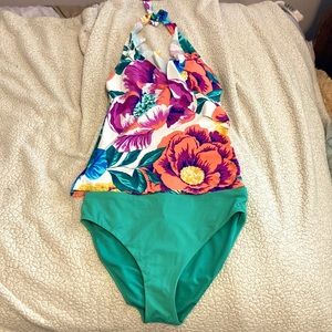 Two piece swimsuit bikini bottoms built in bra adjustable strap around neck
